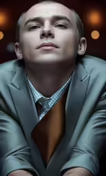 a close up of a person wearing a tie and suit