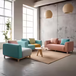 modern living room with modern color scheme, pink, blue and yellow couches