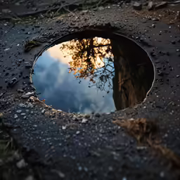 a puddle of water in the ground and some trees in it