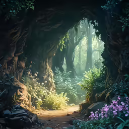 the entrance to a forest with lots of plants and bushes