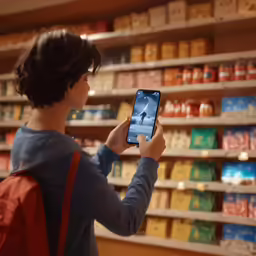 a boy looking at his phone in a store