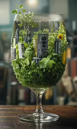 glass vase with plants in it and photos placed inside