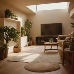 the living room has several different plants on shelves