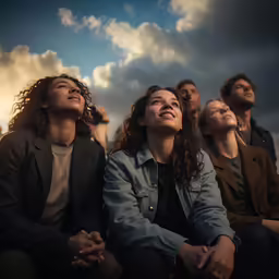several people sitting in a row looking up at the sky