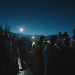 a group of people standing in a parking lot at night