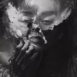 a woman with white paint on her face, holding up a cigarette