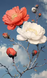 three large, blooming flowers in the same tree