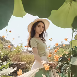 a girl with a straw hat standing among flowers