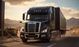 the semi - truck on the road in the desert,a truck travels along the desert during sunset
