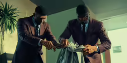 two men in suits holding the strings of a baby