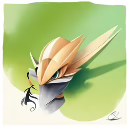 a drawing of an origami bird, with large yellow beak and green eyes