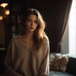 the girl is posing in a room with an open window