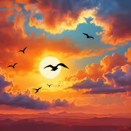 birds are flying in the air during a sunset,the birds are flying through the sunset as it comes to land