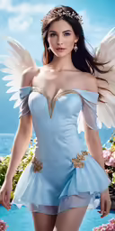 a woman dressed in blue with wings and body paint