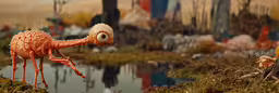 the small toy creature is next to the water