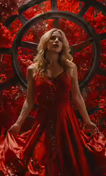 the lady in red is standing outside of an artistic setting