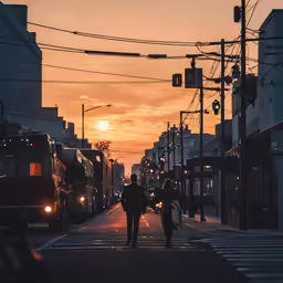 two people walking along an empty city street at sunset