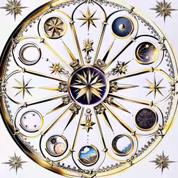 this is a circular decoration with different objects on it,an art work of a clock, with many stars on the face