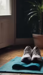 a pair of shoes resting on a rug