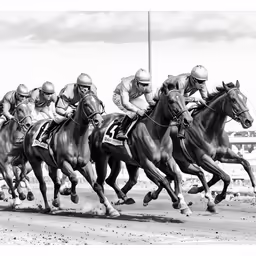 a black and white photo of horses and jockeys at a race track