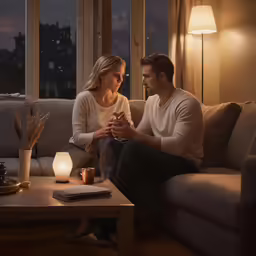 two people are sitting on a couch in a room