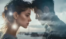 a man and woman stare to each other in the background