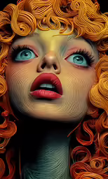 the face of a lady with curly hair, blue eyes and a freckled make - up