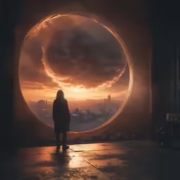 a woman looks out of a portal at a city below