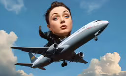 an image of a woman is being pulled up onto the air by a jumbo jet