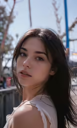 a beautiful young woman in a white top leaning on a fence