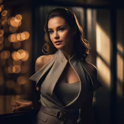 an image of a woman in a gray dress posing for the camera