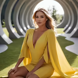 the beautiful blond lady sitting on the grass is posing for a magazine advertisement