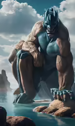 a large, evil looking creature is sitting on top of some rocks