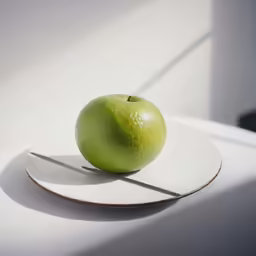 a green apple sitting on top of a plate