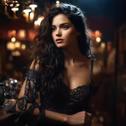 a woman posing at a bar with a bar in the background