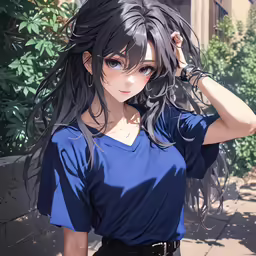 an anime girl with long black hair and blue shirt posing outside