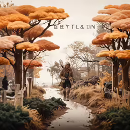 a man walks through an autumny path surrounded by trees