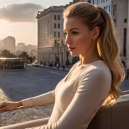 a blond lady leaning against a railing looking off into the distance