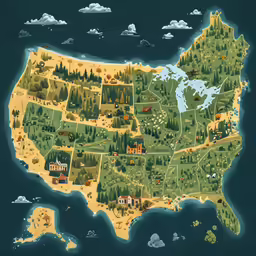an illustrated map of the united states with trees