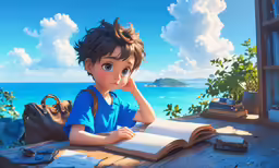 a young boy sits at a wooden table near the ocean