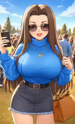 a girl with a blue top holding a cell phone