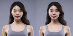 a women wearing a gray top has two pictures of her face,a woman is shown before and after photoshopped