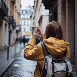 a woman in yellow jacket walking on a city street