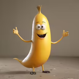 a toy banana standing on its feet with hands in the air