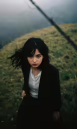 the woman is standing in a field near the tree