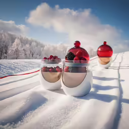 two bowls filled with berries on top of snow