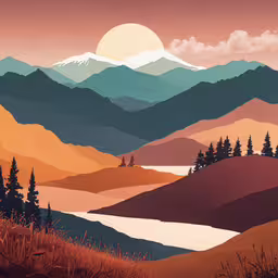 the mountain landscape is beautifully painted on this wall,a painting of a landscape with trees and mountains