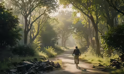 a bicycle rider rides on a dirt road