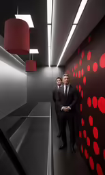 a couple of men standing next to each other in a hallway