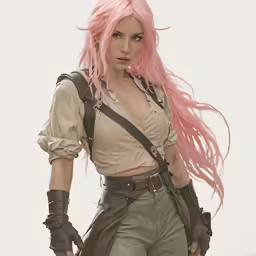 a young woman with pink hair wearing armor